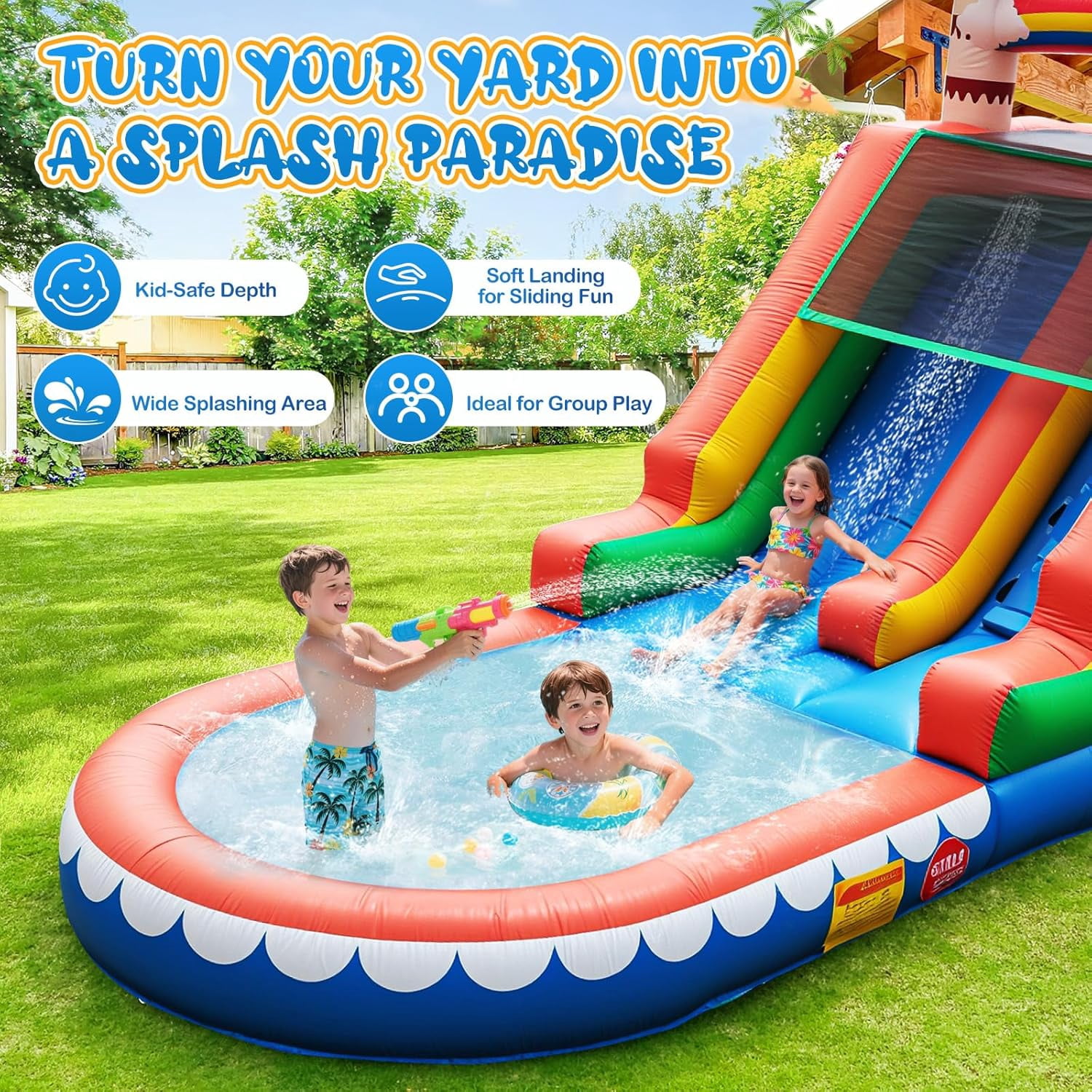 COCOFISH Outdoor Water Park: 21FT Tropical Inflatable Slide with Palm Tree Theme, Climbing Wall, Splash Pool & 950W Blower for Backyard Fun