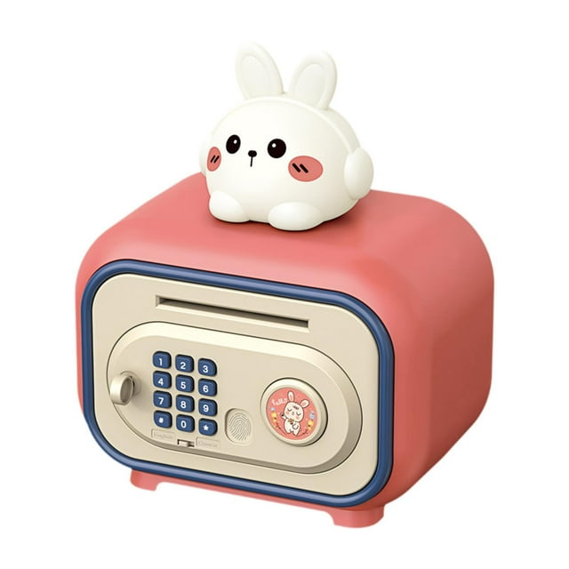 Alcancía con modo doble, contraseña, caja de seguridad para dinero con cambio de idioma, cajero automático, caja de ahorros para niños, niñas y niños conejo rosa