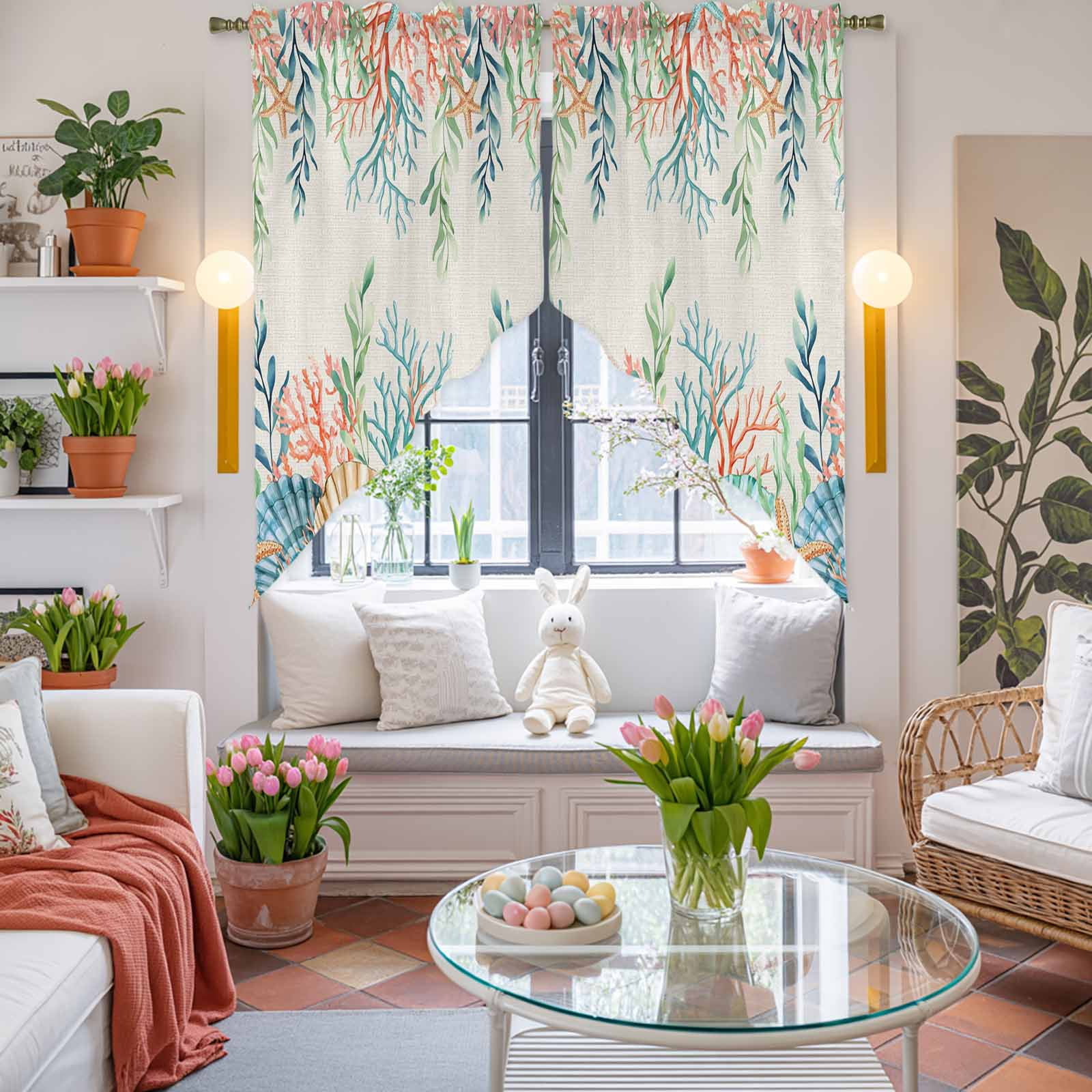 Summer Beach Swag Kitchen Curtain Valances, Ocean Colorful Coral Shell Seaweed Starfish Linen Rod Pocket Curtains Window Treatment Decor Valances for Bedroom Bathroom, 2 Panels 36 x 45 Inch