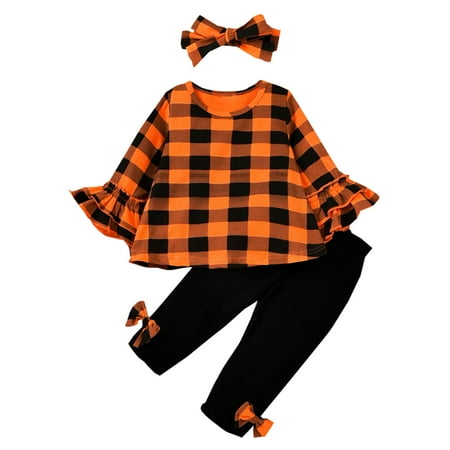 

koaiezne Girls Long Sleeve Plaid Tops Bowknot Pants Headbands Outfits 3PCS Outfits Clothes Set Organic Take Home Set Cotton Baby Girl Clothe