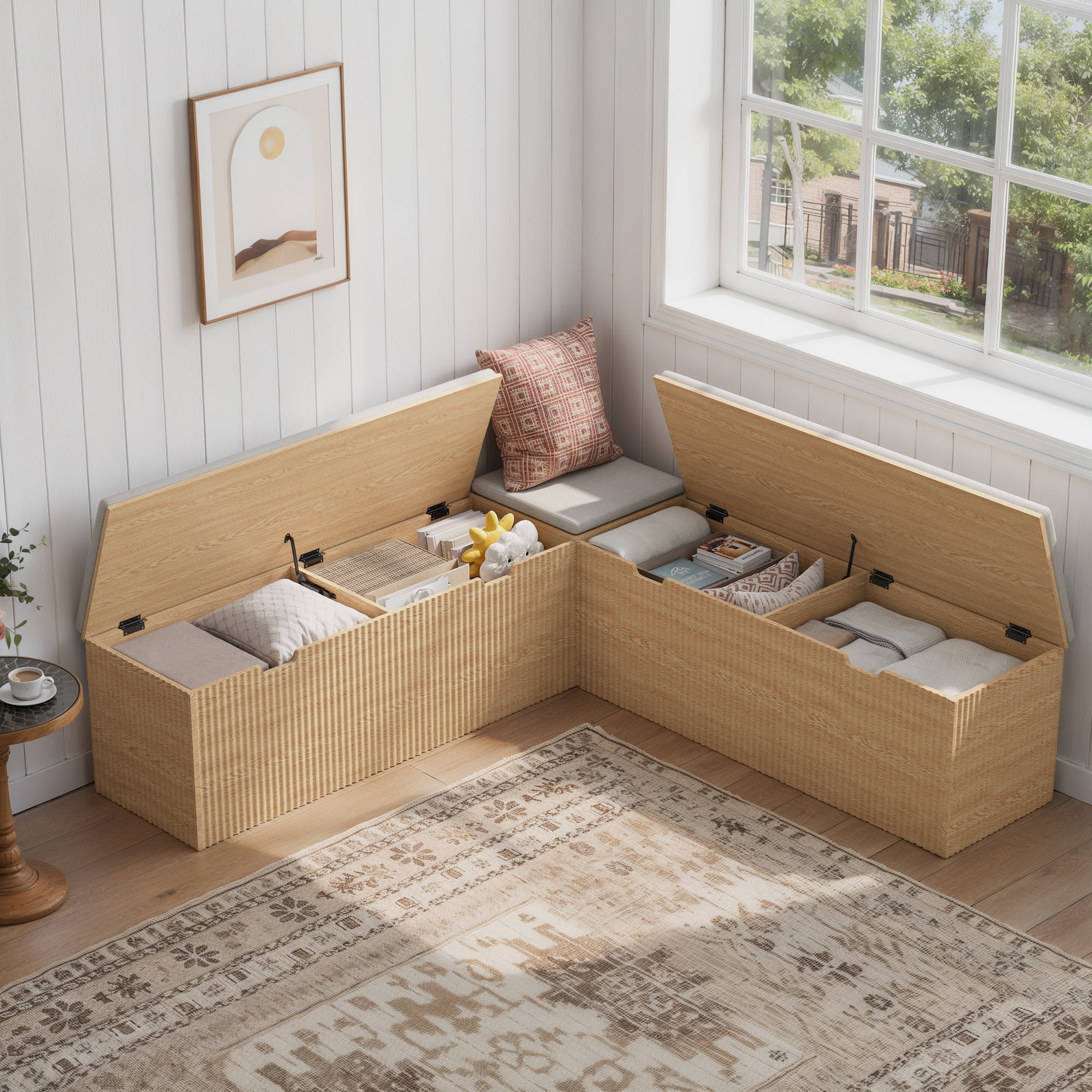 L-Shaped Storage Bench with Cushion- Modern Corner Breakfast Nook Bench for Kitchen, Entryway- Natural Wood