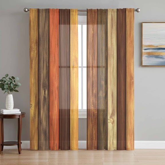 Farmhouse Orange Brown Sheer Curtains 96 Inch Length 2 Panels Set, Retro Vintage Wood Voile Window Treatment Semi Sheer Long Curtains Drapes for Bedroom/Living Room/Kitchen 52"x96"x2
