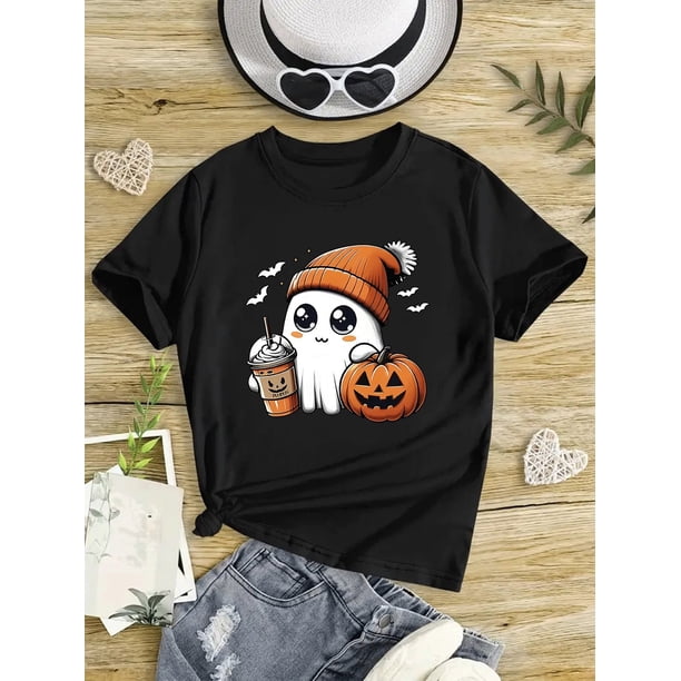 Halloween T-shirt - Smiling, Bats & Jack-O'-Lanterns Print - Soft Knit Fabric for Spring Summer Everyday & Party Outfits - Playful Cute Character with Pumpkin & Bats Design
