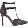 thumbnail image 7 of Jessica Simpson Pyllah Black White Plaid High T-Strap Pointed Toe Dress Pumps (Black/White, 7.5), 7 of 7