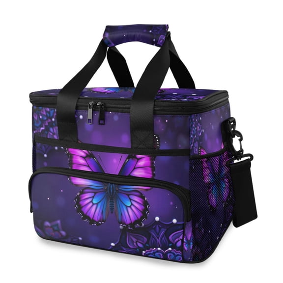Mandala Flowers Purple Butterflies Portable Cooler Lunch Box Reusable Insulated Lunch Bag Leakproof 15L