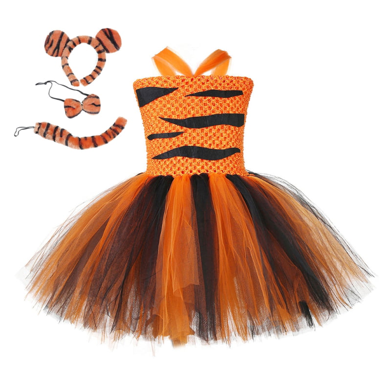 Kids Tiger Costume Kit Ears Headband Tail Bow Tie Girls Child Orange Striped Cat 