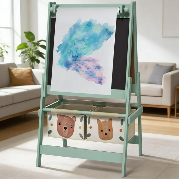 3 in 1 Kids Art Easel with Paper Roll, Toddler Painting Easel with Blackboard, Whiteboard, Storage Baskets, Green, Fox and Bear