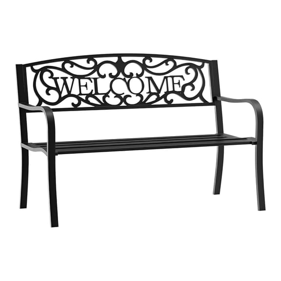 Sunshen 50" Outdoor Metal Welcome Bench, Garden Bench with Slatted Seat, Patio Bench for Park, Porch, Yard, Entryway, Black