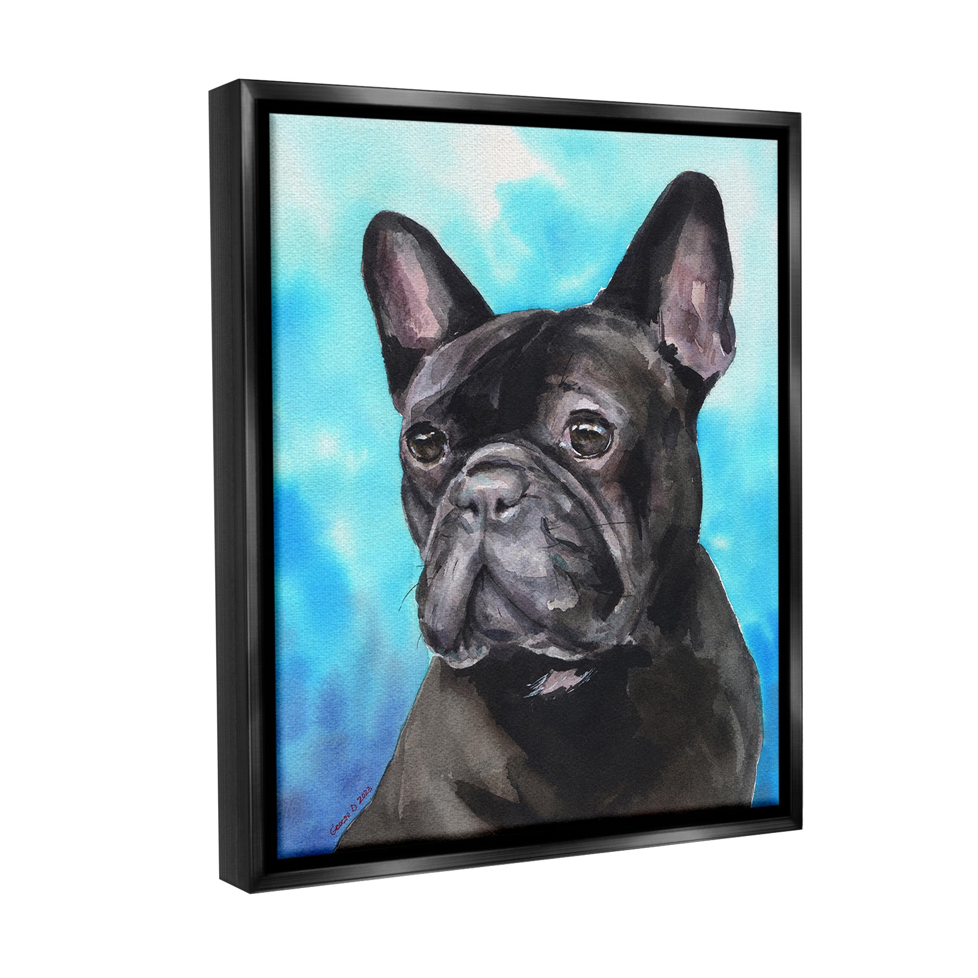 Stupell Industries French Bulldog on Blue Animals & Insects Painting Black Floater Framed Canvas Art Print Wall Art, 17 x 21