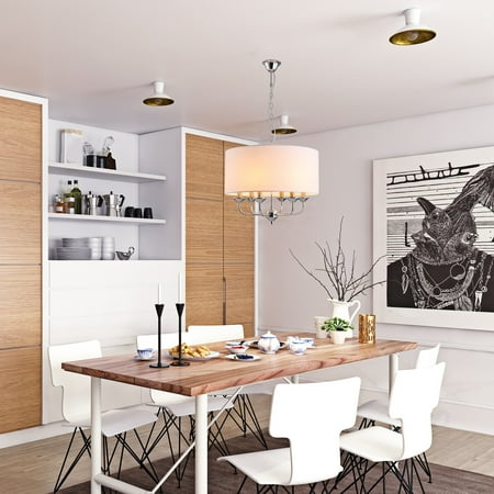 

6-Light Modern Chandelier Candle Pendant Light Fabric Lampshades with Adjustable Hanging Chain - White