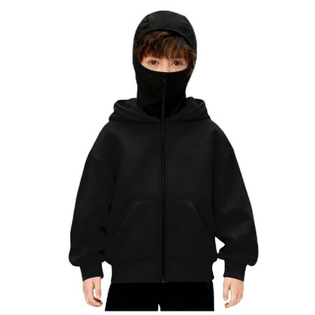 Masked Hoodie Hoodie Zip Up Winter Double Layer Hooded Sweatshirt with zipper Fleece-Lined Hip-Hop Hoodie