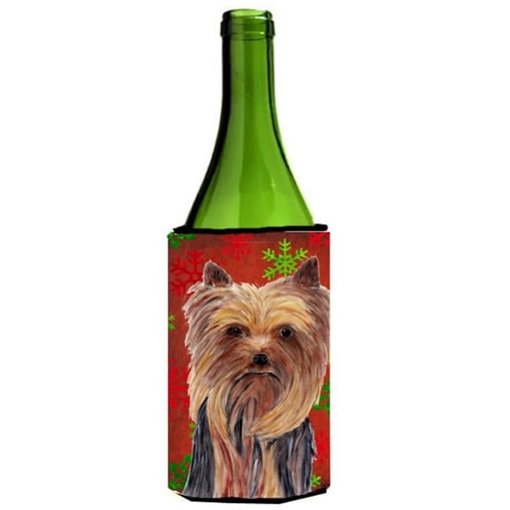 Yorkie Red And Green Snowflakes Holiday Christmas Wine bottle sleeve Hugger