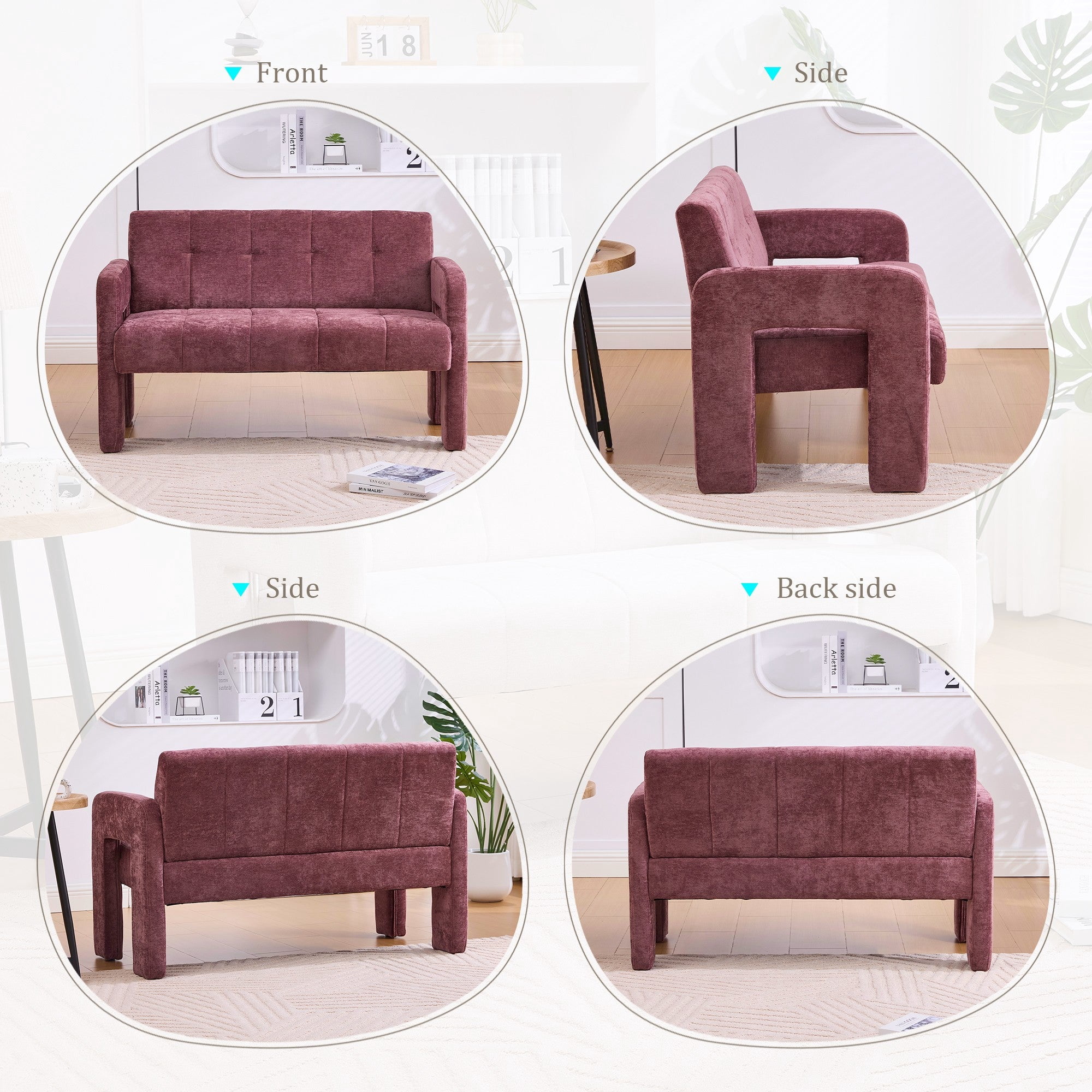 Sailvan Nordic Modern Chenille Loveseat,Compact 2-Seater Upholstered Sofa with Dual Armrests for Living Room,Bedroom,and Small Spaces WINE RED