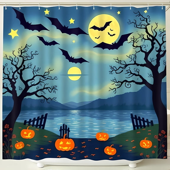 Halloween Lakeside Shower Curtain Spooky Moonlit Scene with Bats & Lanterns Perfect for Festive Decor