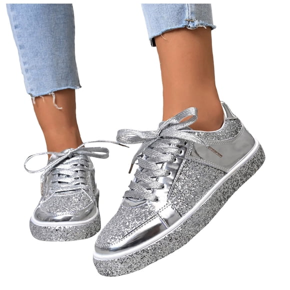 Dakaela Glitter Fashion Sneakers for Women Rhinestone Platform Shiny Walking Shoes Non Slip Lace up Flats