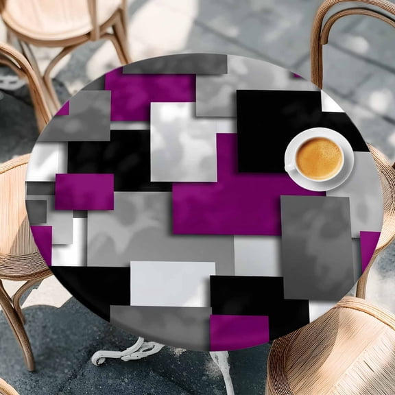 Round Fitted Tablecloth,Purple Gray Black Grid Lattice Circle Table Cover Waterproof Table Cloth with Elastic Edge,Geometric Square Texture Outdoor Tablecloths for Kitchen Picnic 55-60in