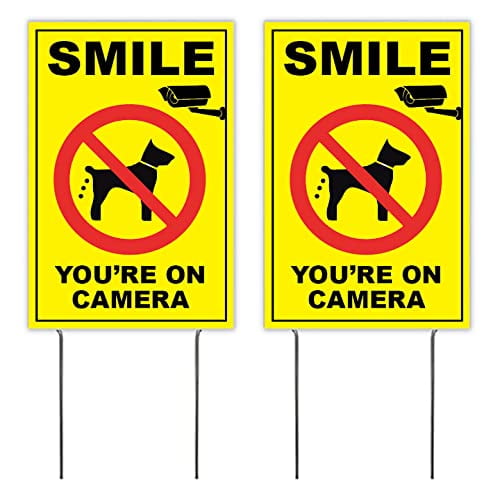 8x12 Inch Smile You are ON Camera No Dog Poop Yard Lawn Sign with Stake yb-v, 2 Pack, Yellow