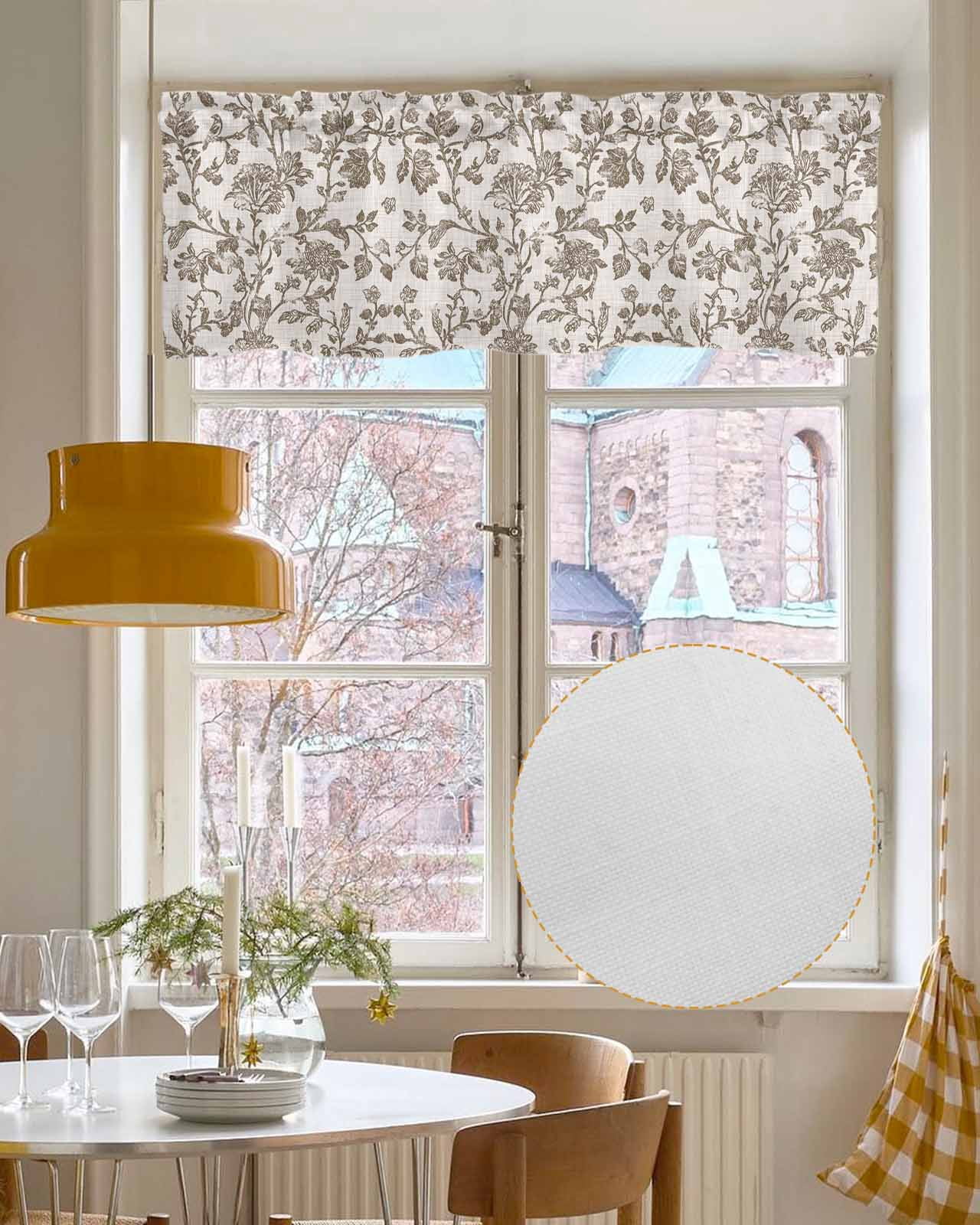 Farmhouse Brown Kitchen Valances for Windows Farmhouse Linen Window Valance Curtain for Living Room Window Treatment Vintage Flower Leaf Botanical Plant Valance Rod Pocket Topper Drape, 42 x 18 Inch