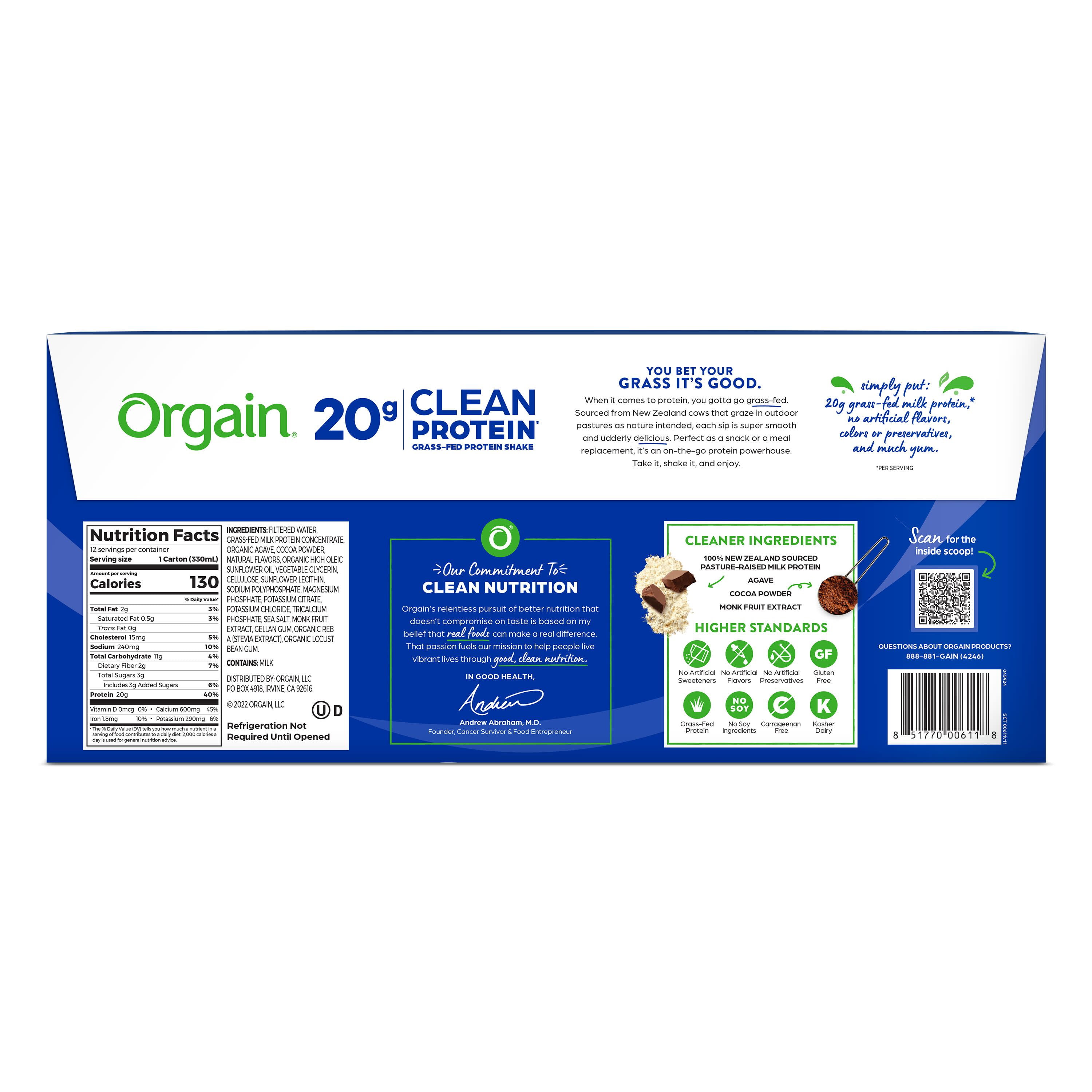 Orgain 20g Grass Fed Clean Protein Shake, Creamy Chocolate Fudge, 18 ct./11  oz.