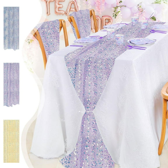 Sequin Table Runner | Glitter Fabric | Iridescent Mermaid Scale Style | 11.8 x 72 Inch | Polyester | Decorative Table Linen | Party Wedding Birthday Décor | Blue Yellow Purple | 1 Pack