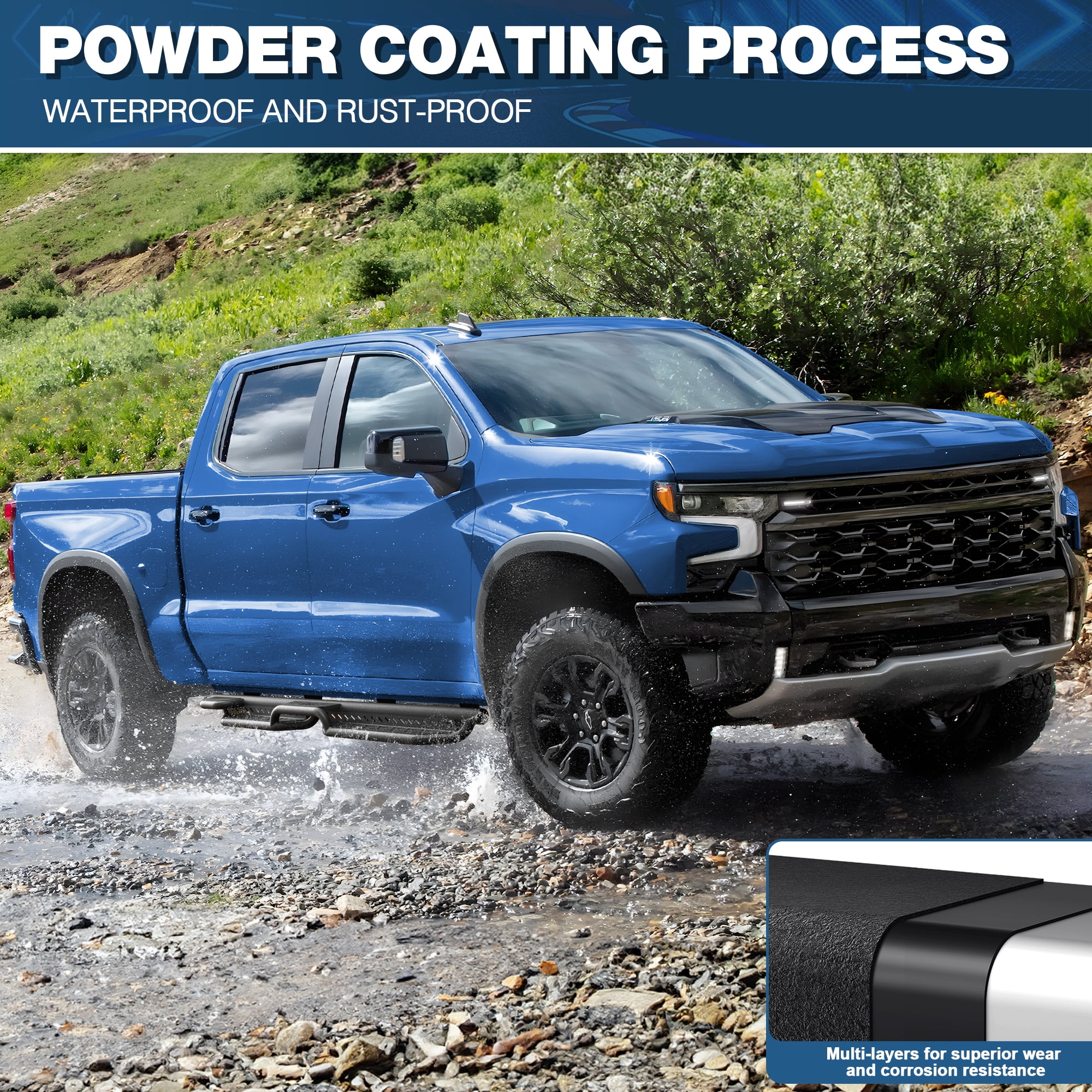 POFENZE Running Boards Side Steps for Chevy Silverado & GMC Sierra 1500 2019-2025 and Chevrolet Silverado/GMC Sierra 2500HD 3500HD Crew Cab 2020-2025 Off-Road Nerf Bars Black Raised Step