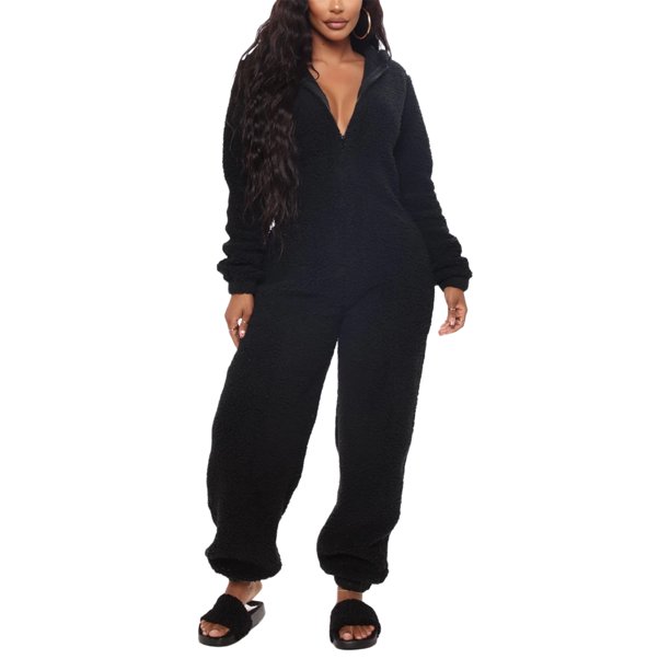 Pijama de mujer Mono con capucha de una pieza con cremallera Pijama de felpa(Negro-XL) Nituyy Pijama-GL715-FF62182A4
