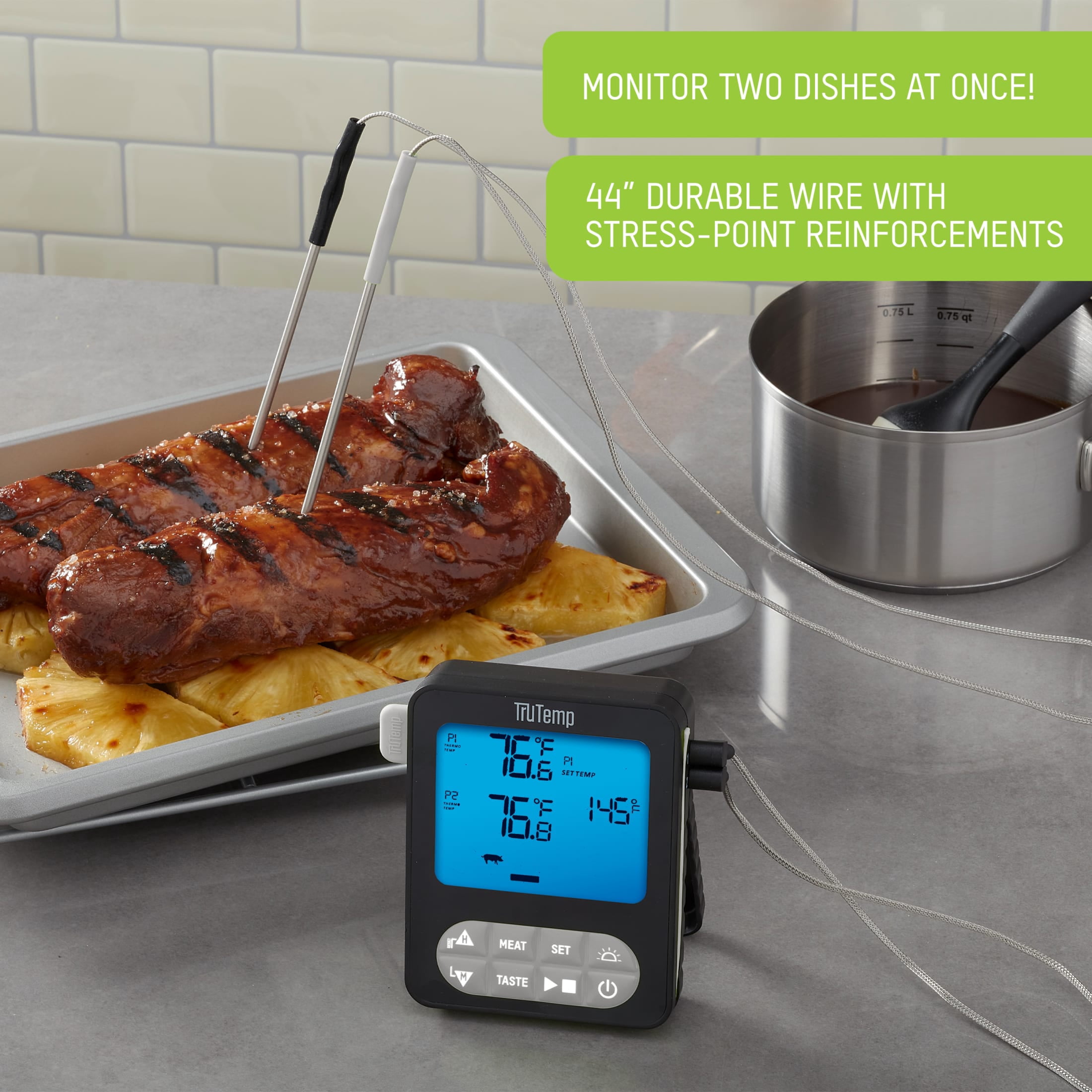 TruTemp Digital Dual Probe Programmable Meat Thermometer for Grilling, Smoking, & Cooking, Gray