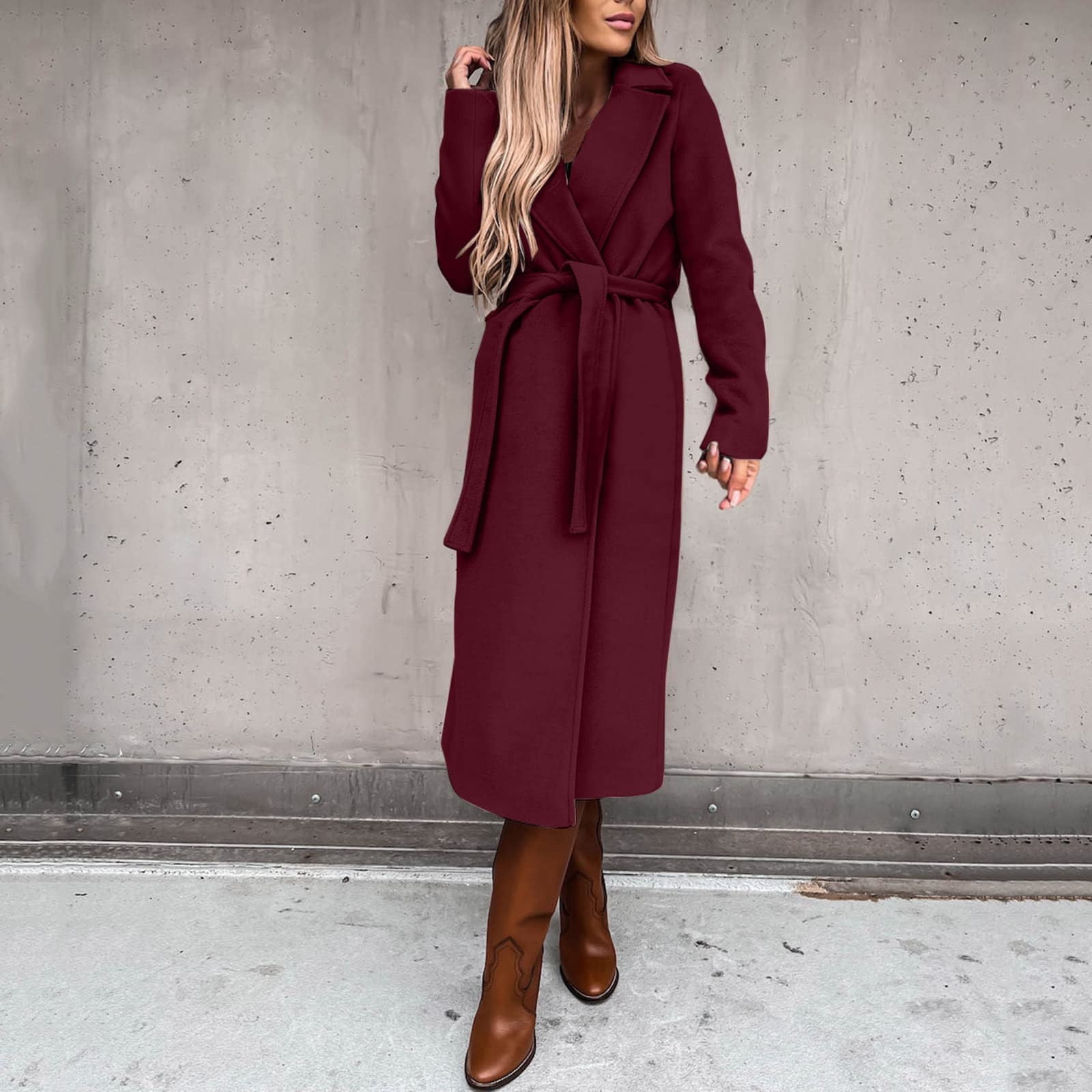 Hfyihgf Womens Classic Faux Wool Coat Lapel Collar Thin Trench