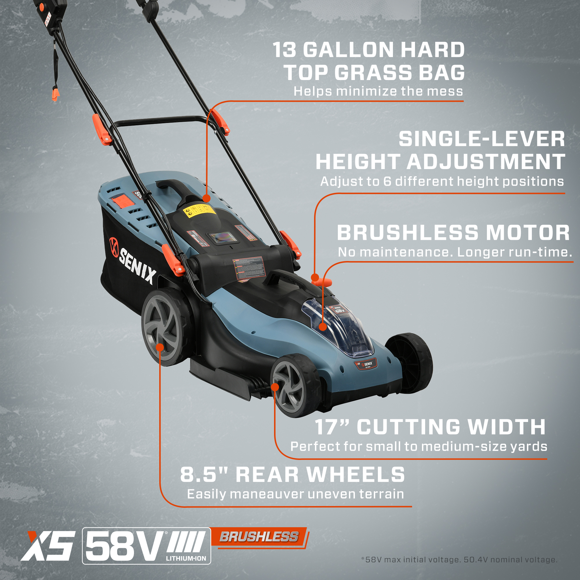 SENIX 58 Volt Max* Cordless Lawn Mower, 17-Inch, Brushless Motor, 6-Position Height Adjustment, 13-Gallon Bagger (Battery and Charger Included) LPPX5-M - image 3 of 12