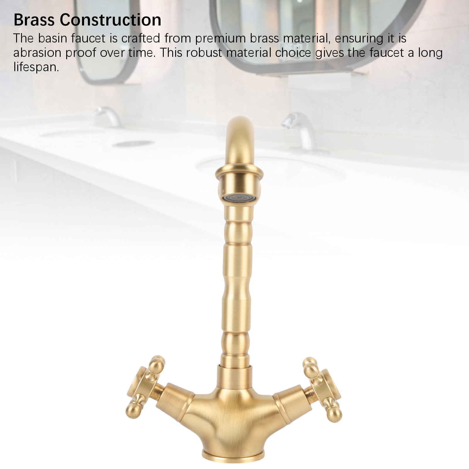 YAHHU Basin Faucet Short Brass Double Handle Cold Hot Water Swivel Sink Faucet for Kitchen Bathroom European Antique Style (9.4 inches / 24 cm)