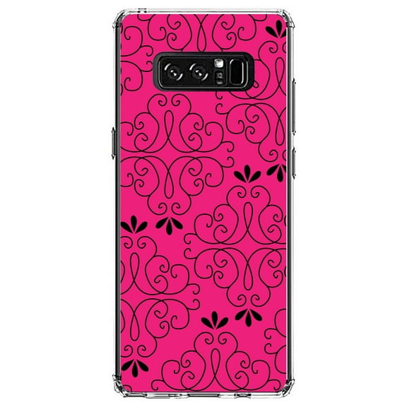 DistinctInk Clear Shockproof Hybrid Case for Samsung Galaxy Note 8 - TPU Bumper, Acrylic Back, Tempered Glass Screen Protector - Neon Pink Black Floral Pattern