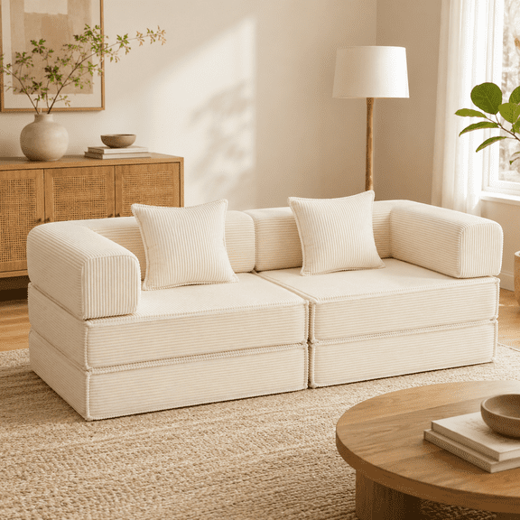 Off-White 2‑in‑1 Convertible Modular Sofa Bed, Corduroy Floor Sleeper Couch with 2 Pillows, Free‑Combination Deep Seat Sofa for Small Apartment