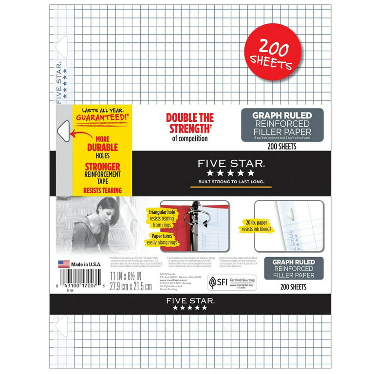 Five Star 200ct Graph Ruled Filler Paper Reinforced, White