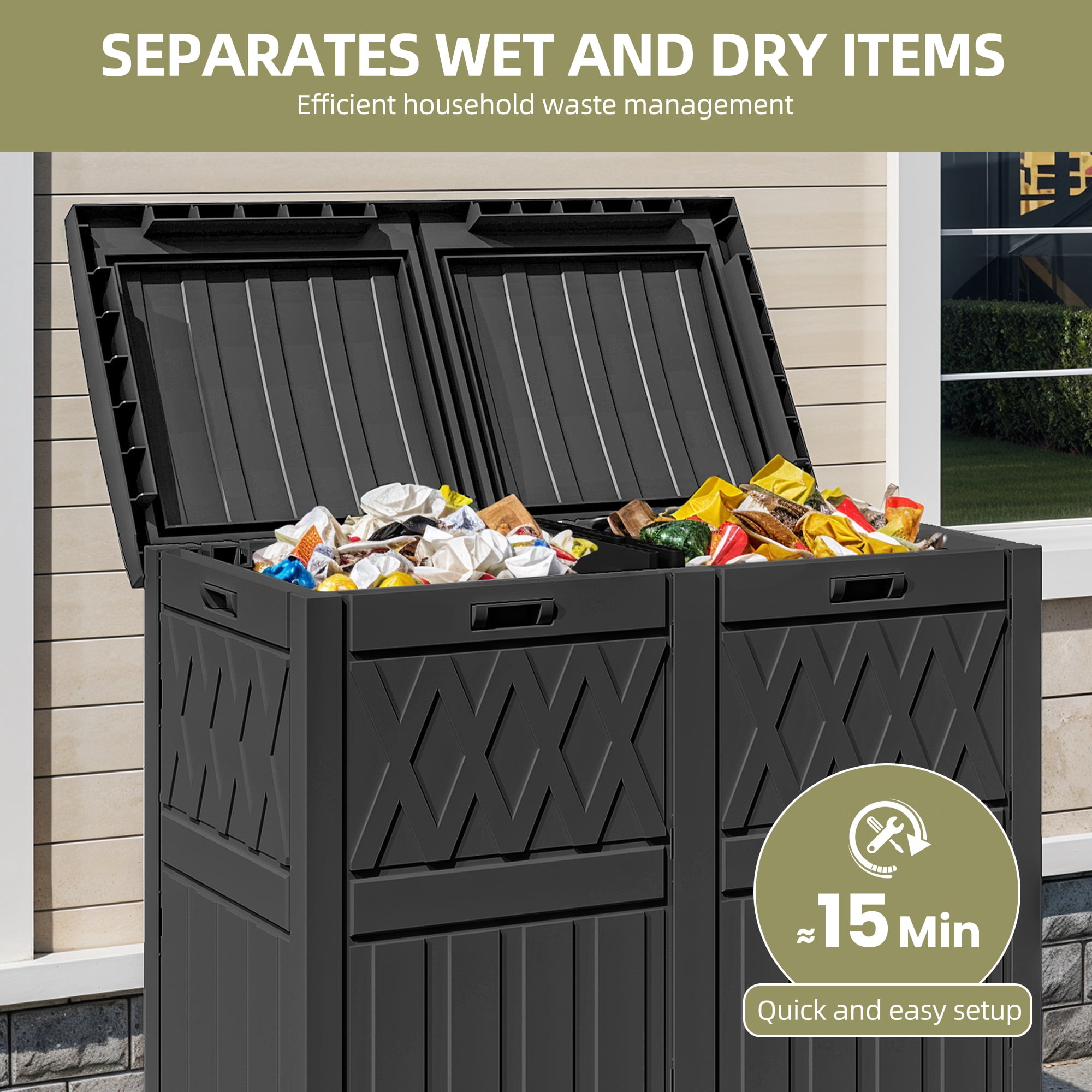 Uforic 66 Gallon Double Compartment Trash Can, Weatherproof Resin Garbage Bin with Lid & Drip Tray, for Patio Deck Backyard Kitchen, Black