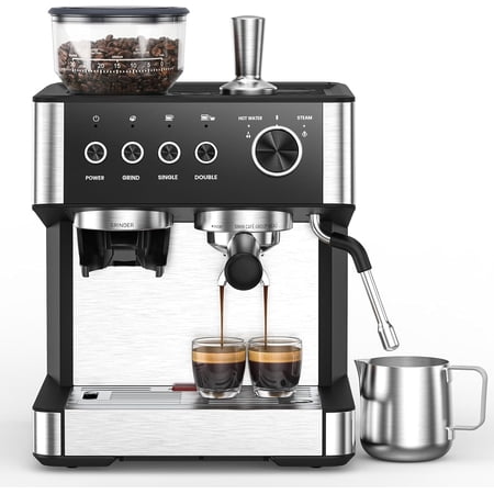 FREE VILLAGE Coffee Maker with Grinder, 20 Bar Expresso Coffee Machines with Milk Frother Steam Wand,Professional Espresso Maker with Removable Water Tank,Cappuccino & Latte Machine for Home