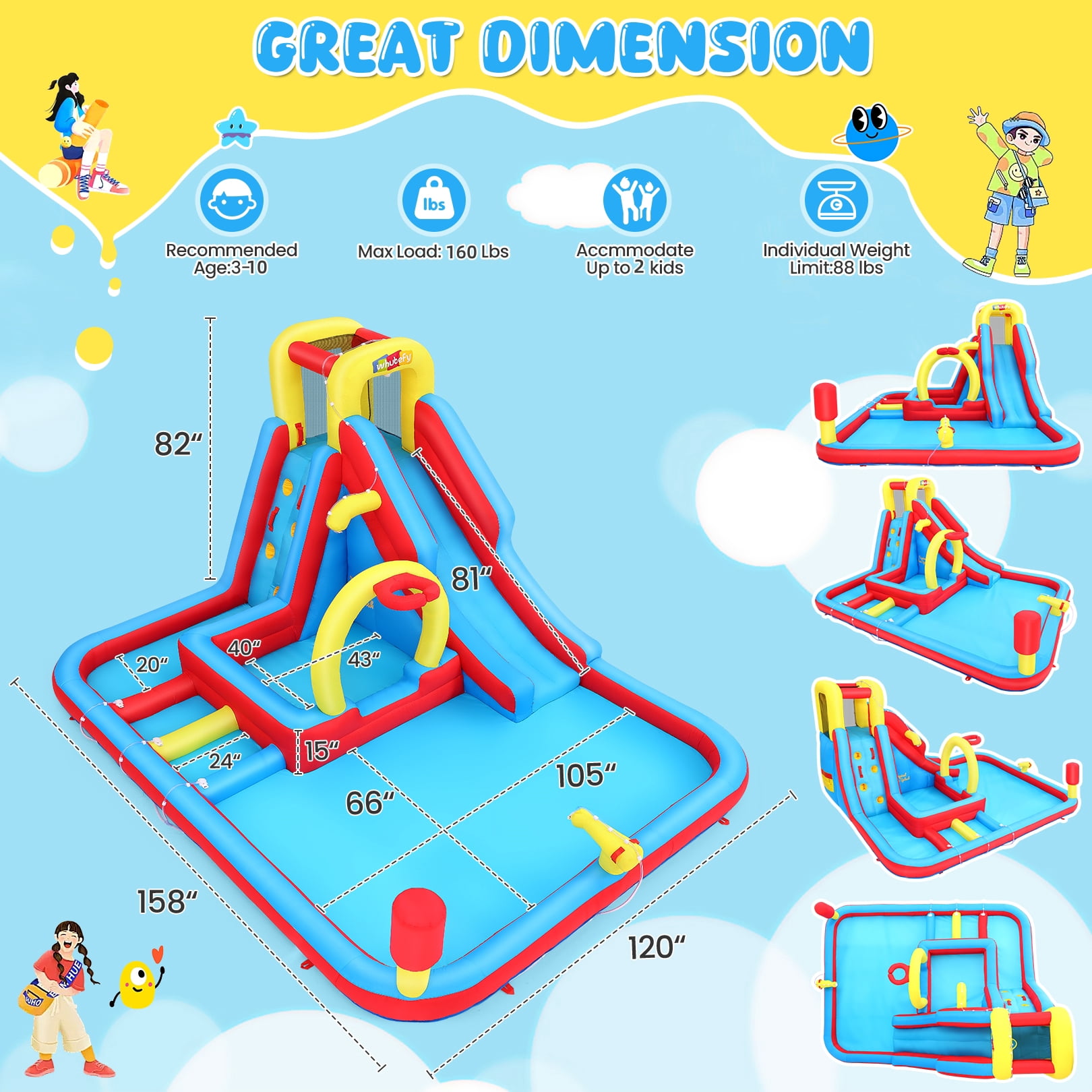 Inflatable Water Slide with 480W Blower, Bounce House for Big Kids, 15-in-1 Blow up Jumping Castle with Dual Pools, Obstacle Course, Water Cannon, Indoor & Outdoor