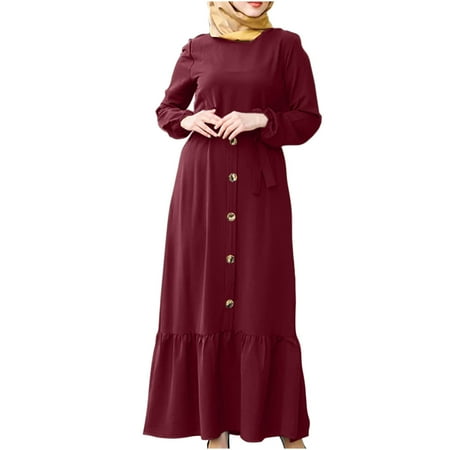 

Maxi Dresses Women Plus Size Loose Empire Waist Kaftan Dress Button Long Sleeve Ankle-Length Long Dress