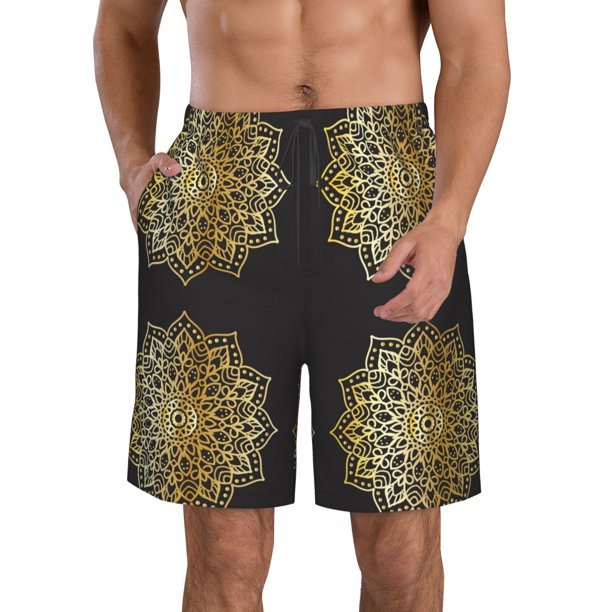 Fotbe Gold Mandala Trajes de Baño Estampados para Hombre, Shorts de Verano de Secado Rápido, Ropa de Playa, Bañadores-Medium