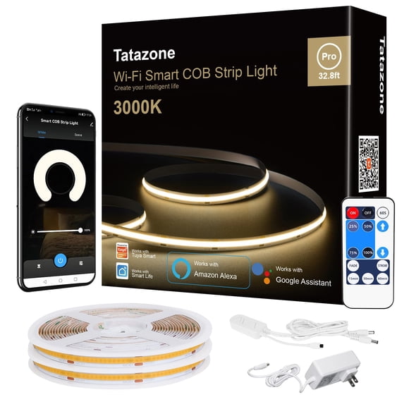 Tatazone Smart White COB Led Strip Light with Remote, 32.8ft 3000K Bright Warm White WiFi COB Light Strip Compatible with Alexa G
