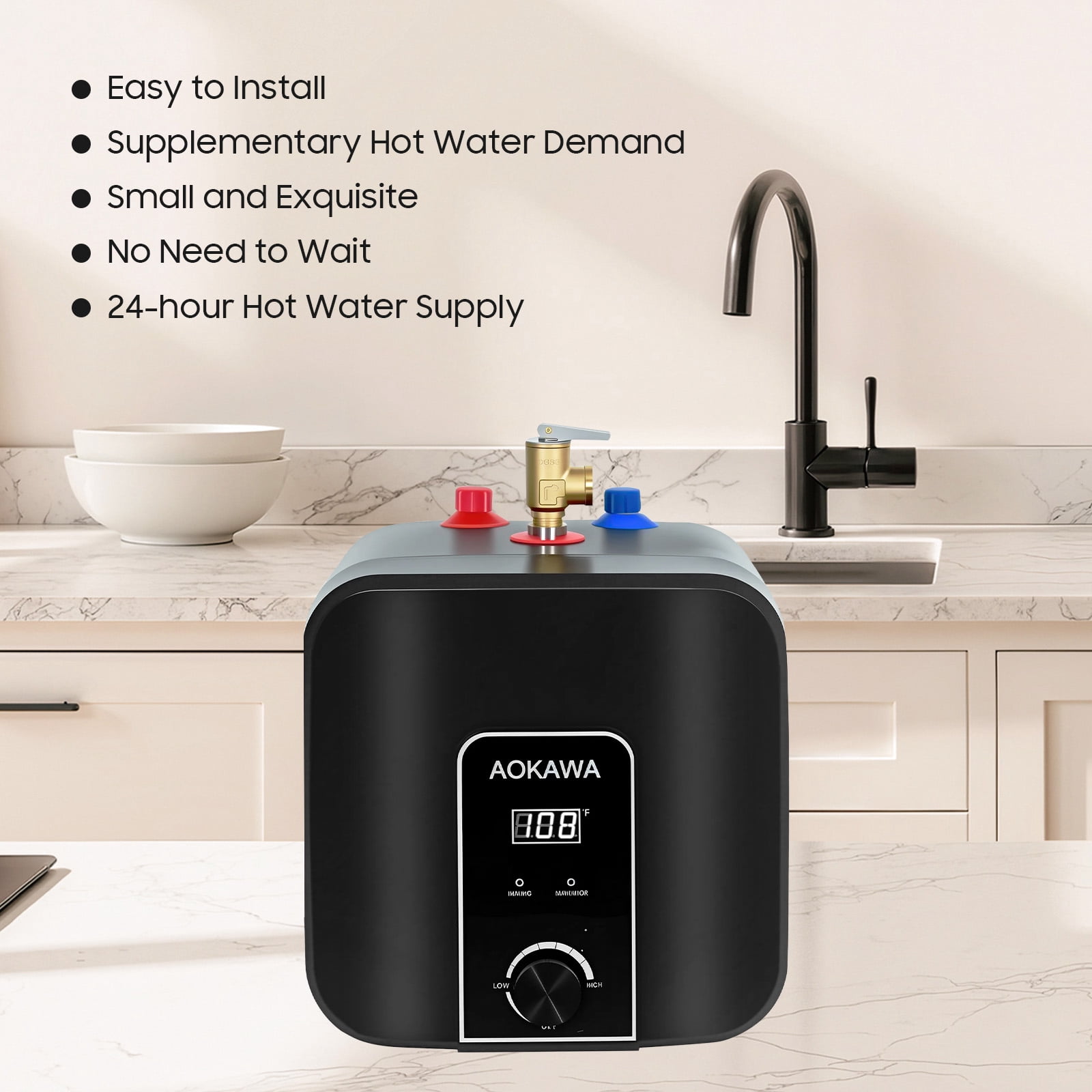 Aokawa Mini Tank Water Heater-2.5 Gallon Under Sink Instant Hot Water Point of Use Instant Hot Water for RV, Camper, Kitchen, Food Truck, 120V 1500W, Wall or Floor Mounted