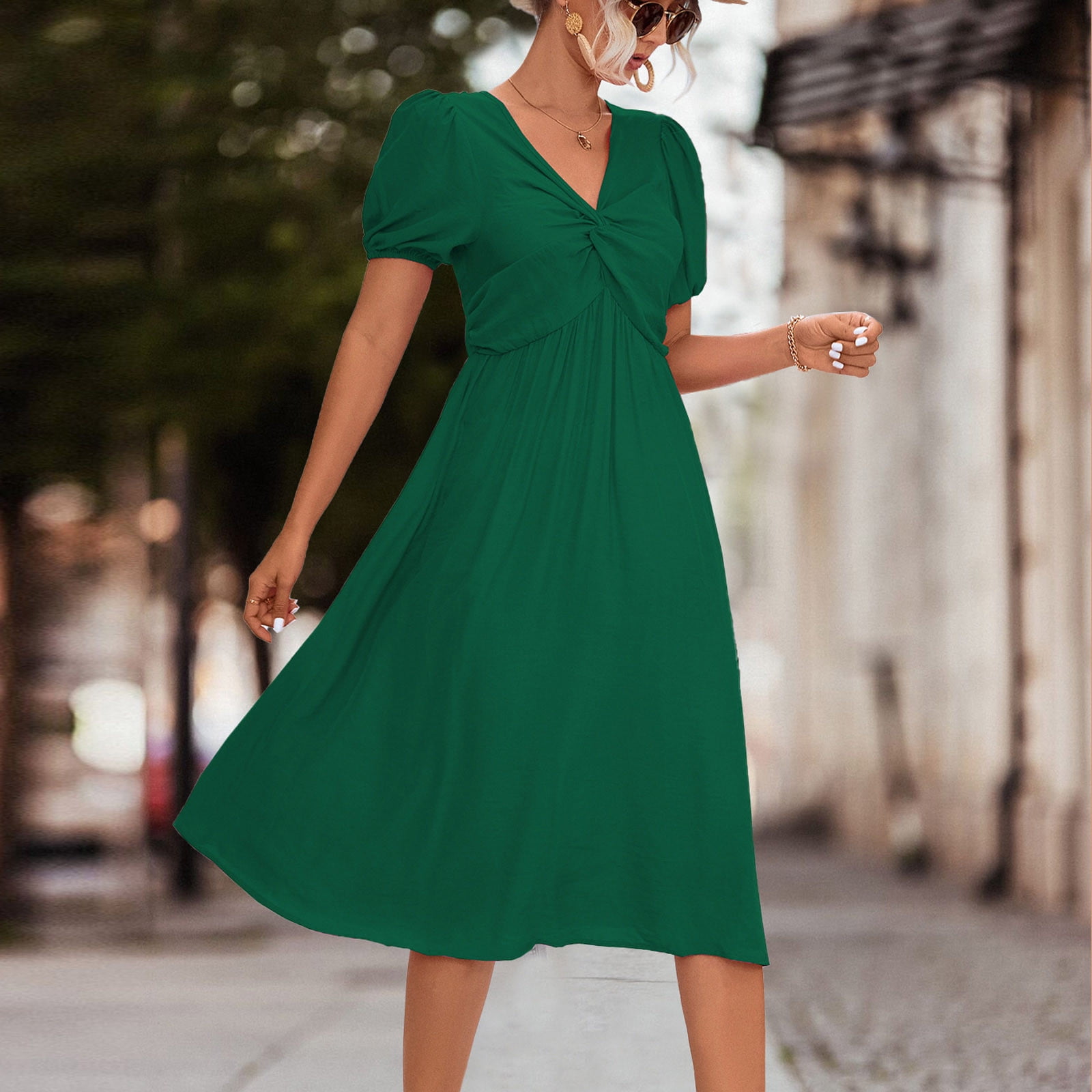 Yuyuzo Womens Summer Dresses Puff Short Sleeve Plain Daily Midi Dress Twist Front V Neck Casual Loose Fit Pleated Dress Green