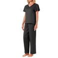 thumbnail image 4 of Conjunto de pijama de satén sedoso para mujer INSPIRE CHIC de 2 piezas, con top de manga corta con volantes y pantalones largos, ropa de dormir y loungewear, color negro, 4 of 5