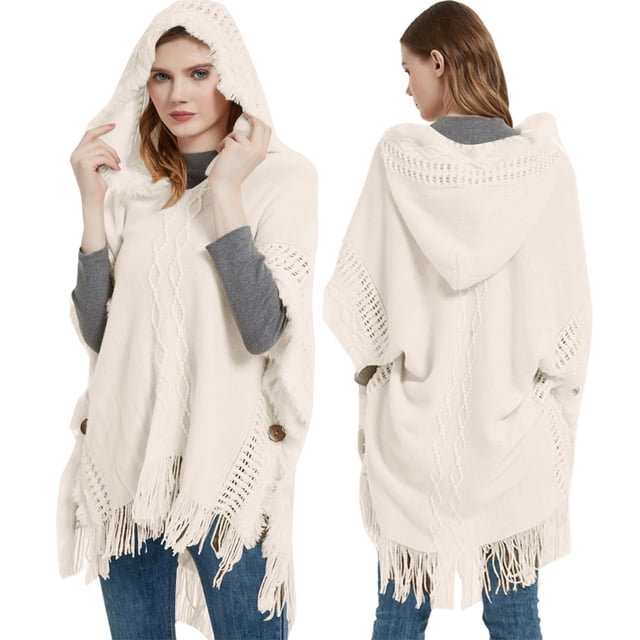 TINZ Mode Femme Frange Printemps et Automne Chandail Manches Chauve-Souris Chandail Rayé Cape à Capuche Châle Robe Châle pour Femmes Cape d'Hiver avec Capuche