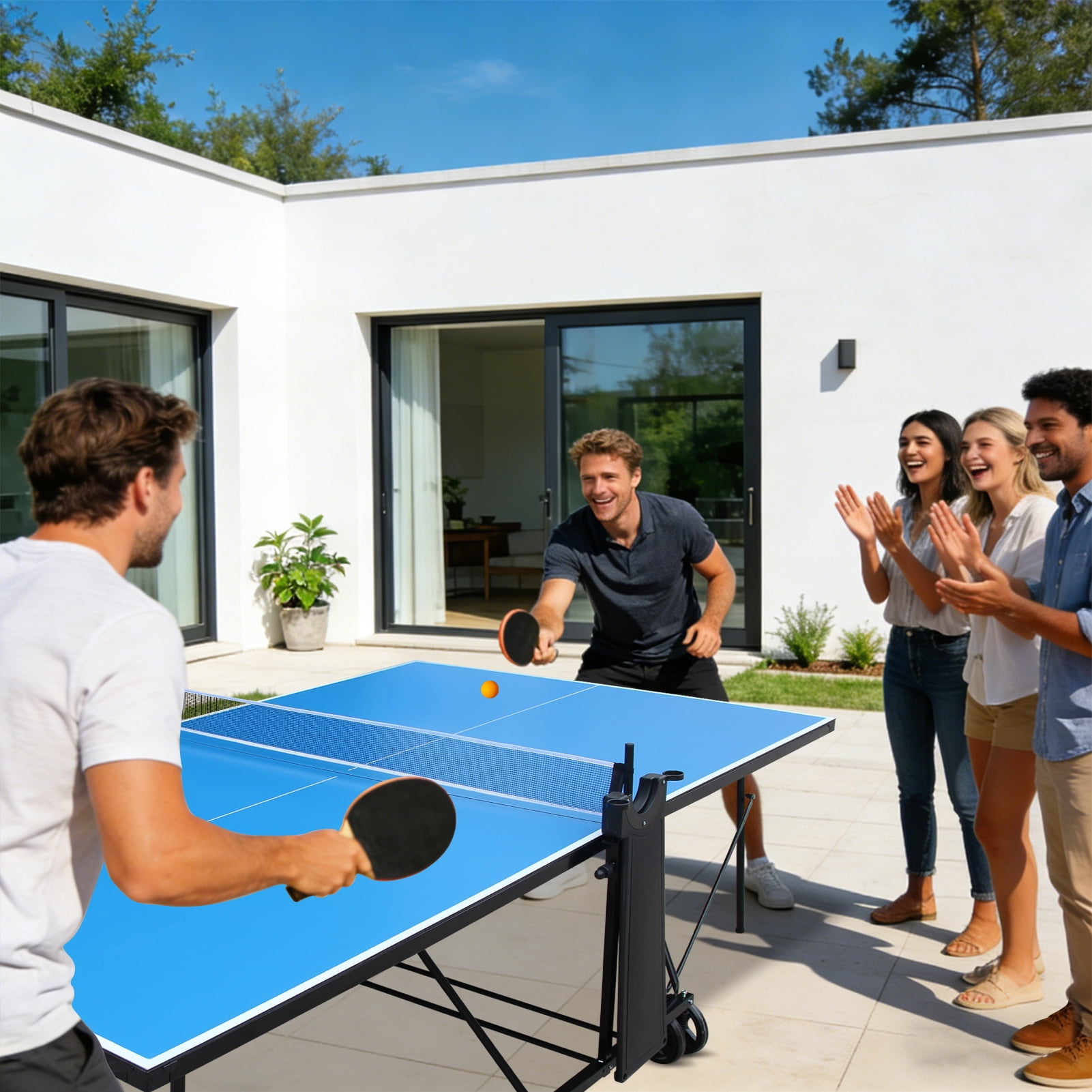 KLB Sport Outdoor/Indoor Foldable Table Tennis Table with Wheels, Weather-Resistant Mobile Ping Pong Table Set with Net, 2 Paddles & 3 Balls, Regulation Size Waterproof Ping Pong Table
