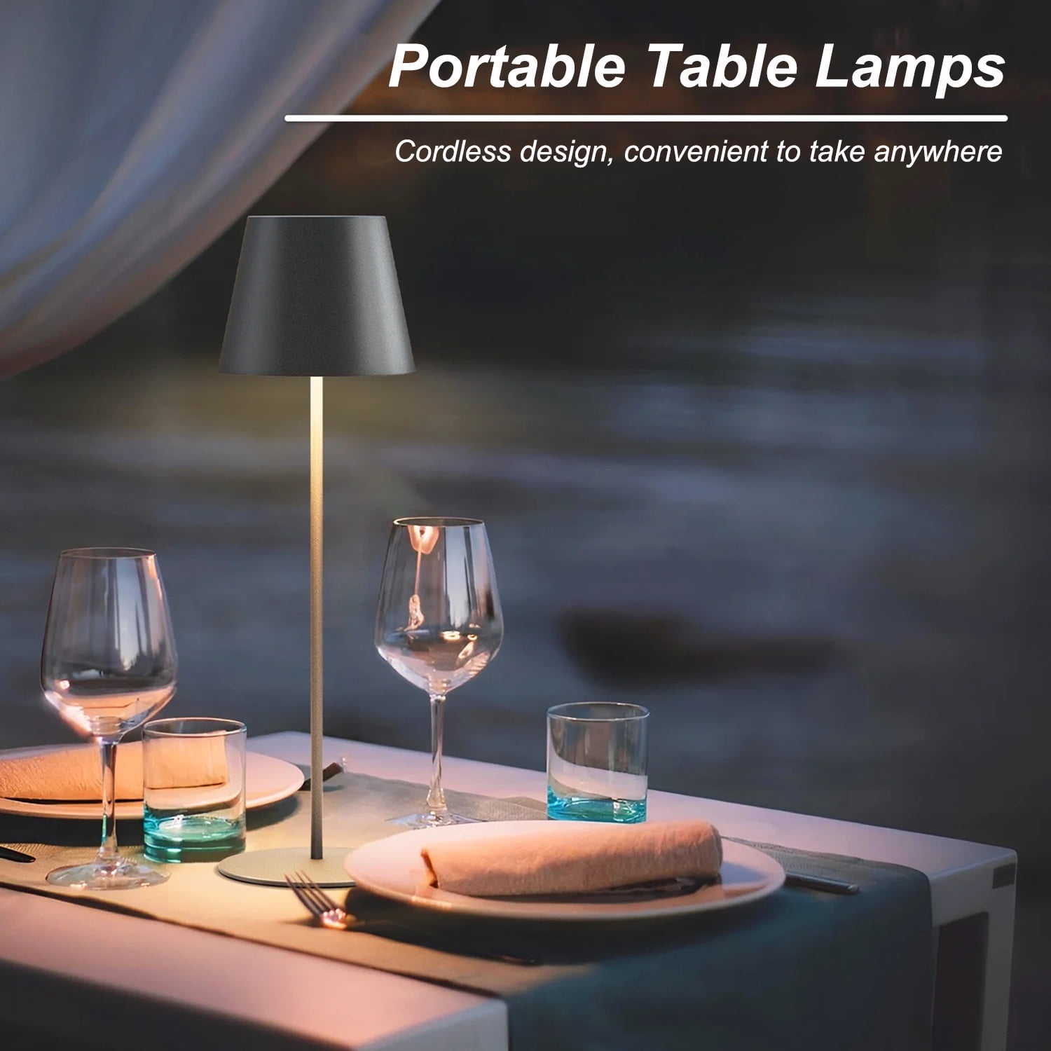 Postlucky 2 Pack 15" Cordless Table Lamp with LED, Touch Control, Dimmer, Plastic Shade, Metal Base, Matte Black