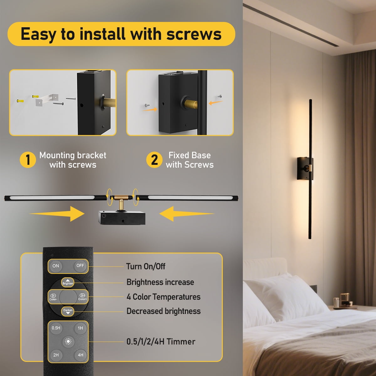 Battery Operated Black & Gold Wall Sconces Set of 2, Wireless Rechargeable Wall Lights with Remote Control, 3000K-6000K Stepless Dimming 360° Rotate Wall Decor Lamp for Living Room Hallway Bedroo