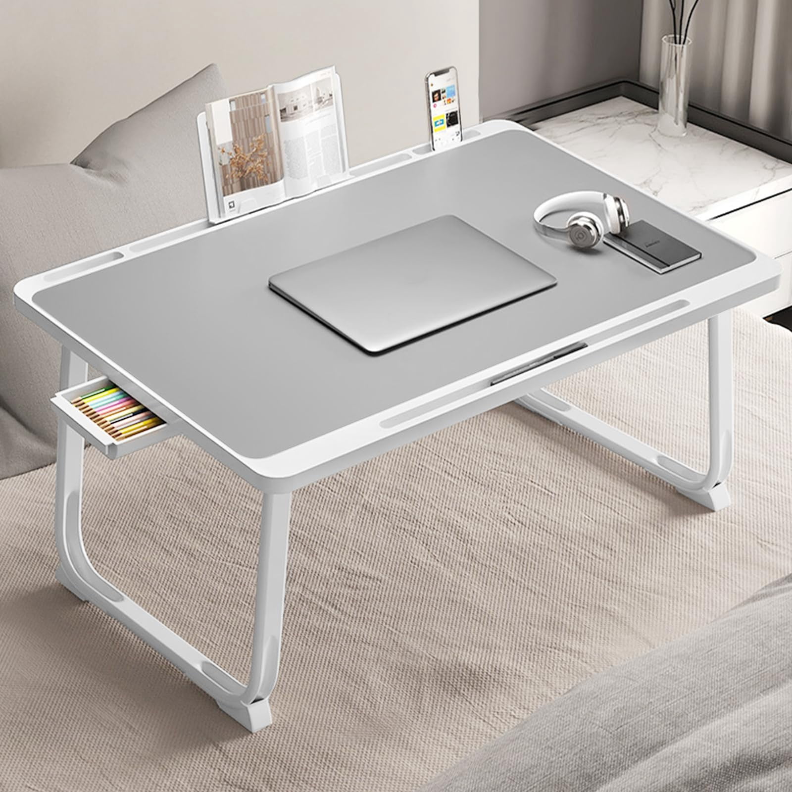 Extra Large 23 Inch Foldable Laptop Bed Desk With Storage Drawer & Bookstand  Portable Lap Tray Table For Sofa Couch Floor Multifunction Home Office