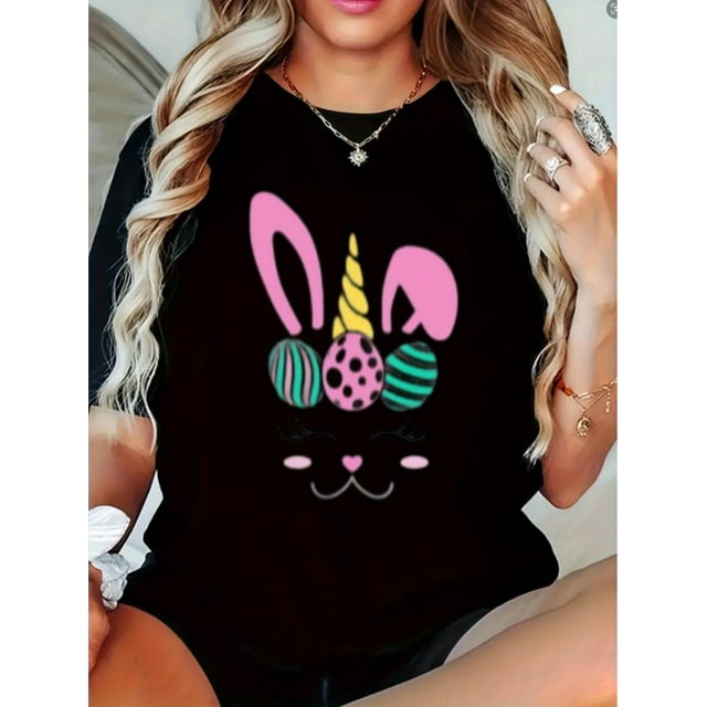 Women's Easter Bunny Graphic T-Shirt - Casual Short Sleeve, Round Neck, Loose Fit, Colorful Egg and Heart Design, Knit Fabric, Ideal Spring/Summer Gift, Casual Wear|Round Neck Shirt|Decorative Print