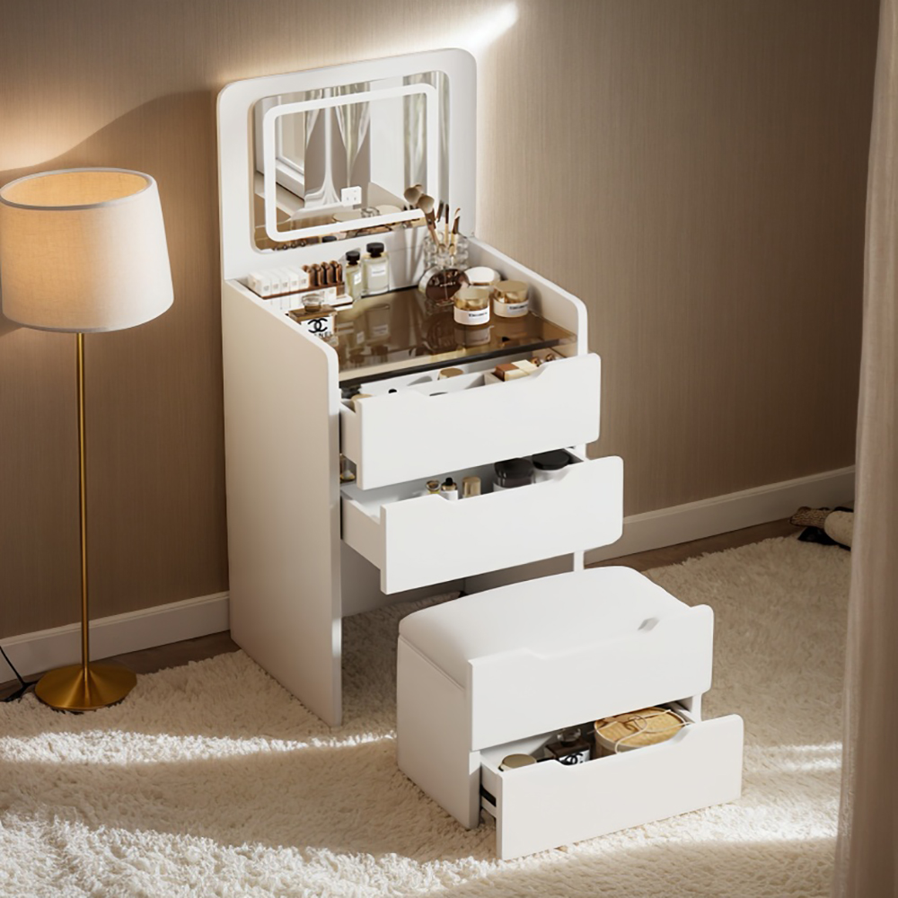 Miniyam Vanity Desk with Lighted Flip Mirror, Drawers and Storage Stool for Adults, White