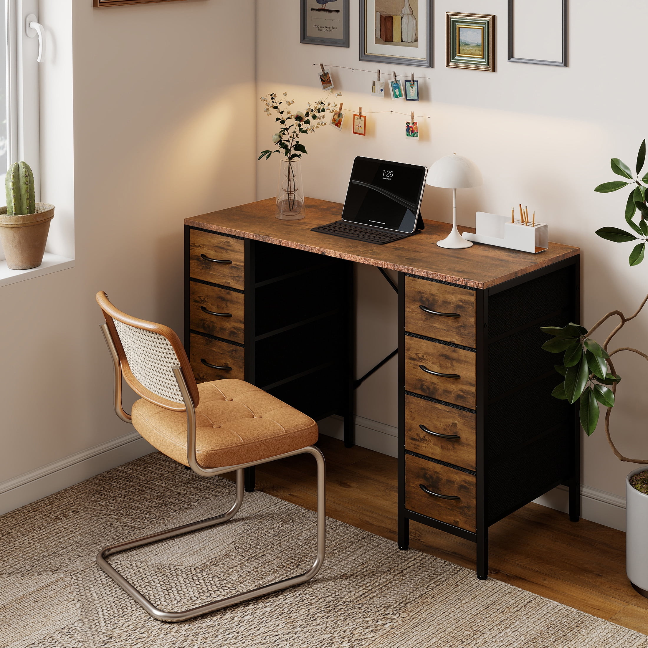 EDX 47 Inch Computer Desk with 8 Fabric Drawer, Home Office Desk with Power Outlets, Large Storage,Rust